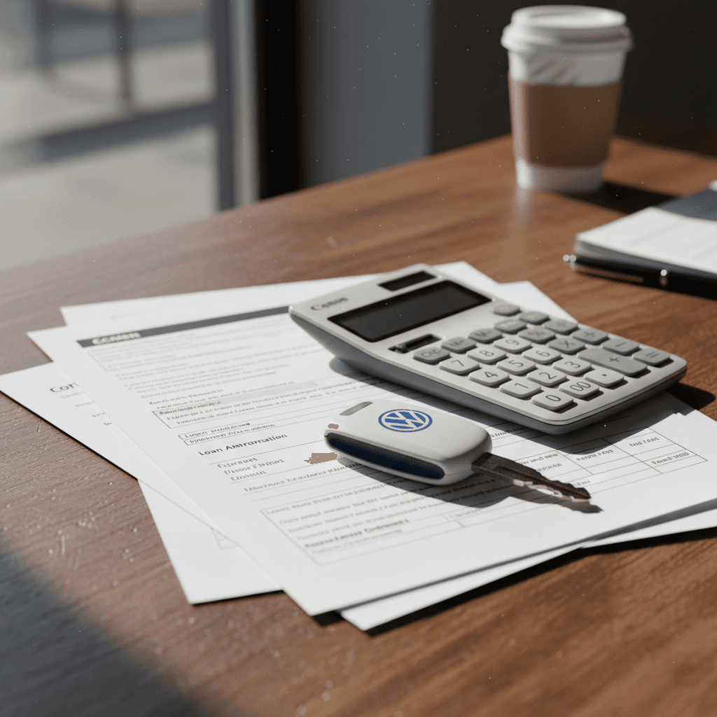 Auto loan paperwork, calculator, and keys to a Volkswagen ID. Buzz laid out on a table, illustrating the process of comparing used EV financing offers.
