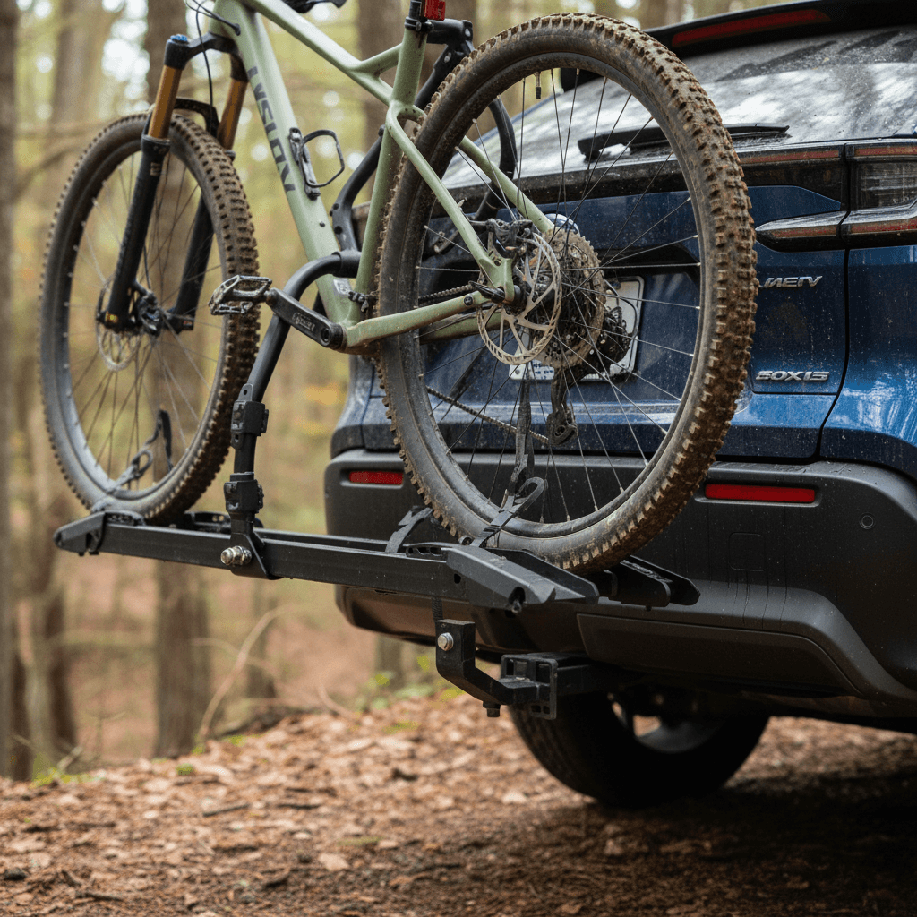 Subaru Solterra rear bumper with aftermarket 2-inch hitch receiver supporting a platform bike rack in a driveway