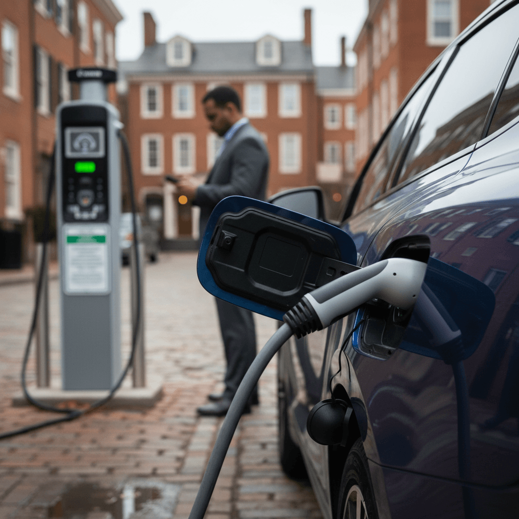 Driver plugging an electric car into a public charging station in a Virginia city center