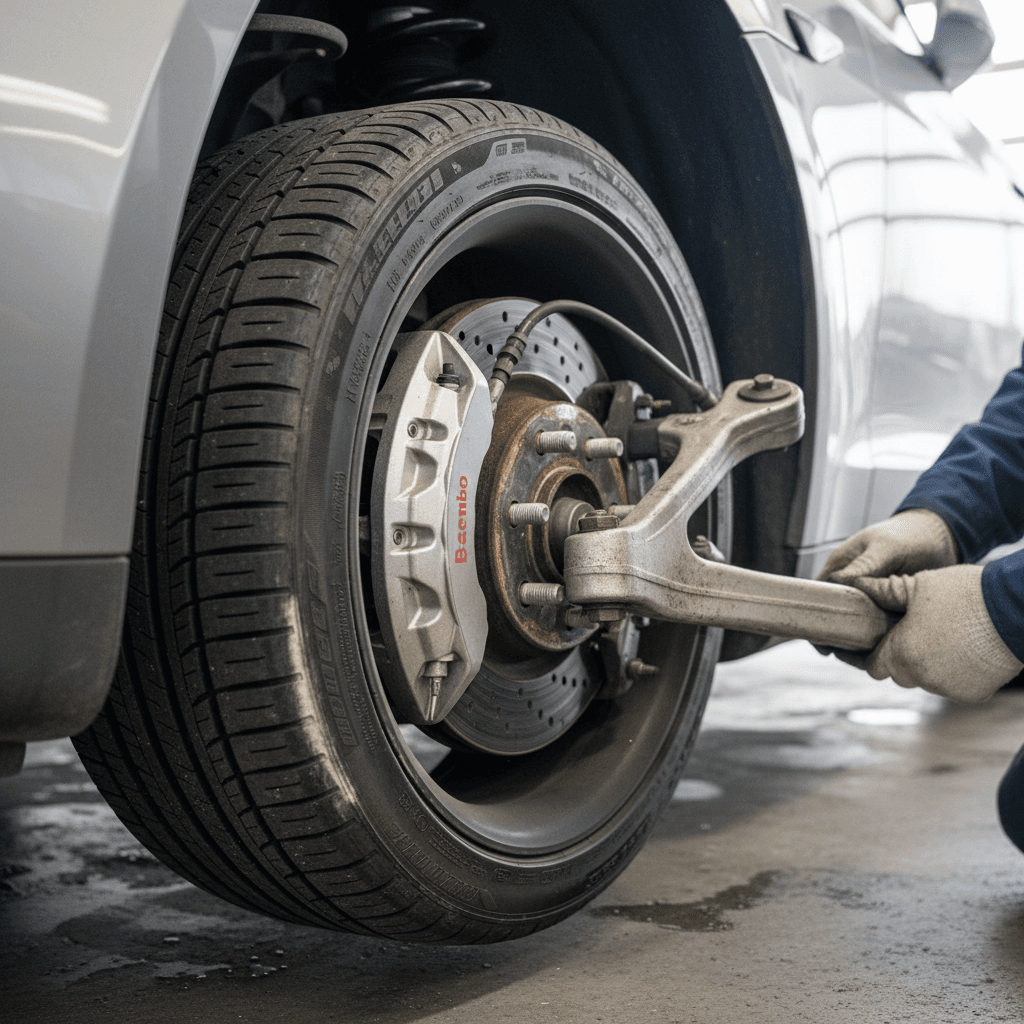 Technician inspecting a Tesla Model S wheel, tire, and suspension components on a service lift