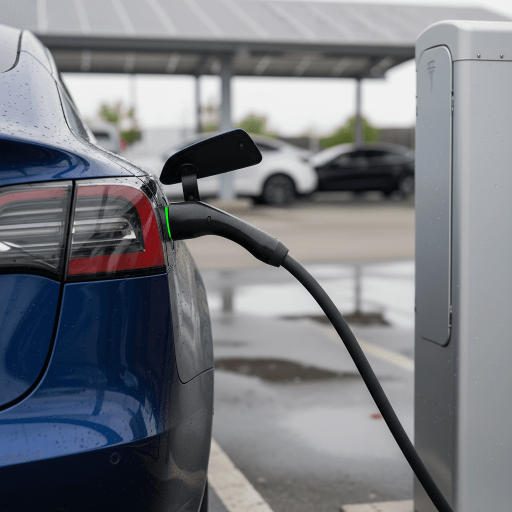 A 2022 Tesla Model 3 plugged into a Supercharger, highlighting the charge port on the rear quarter panel
