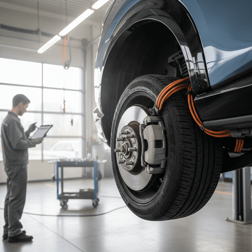 Technician inspecting the suspension and tires of a Nissan Ariya on a lift in a clean EV service bay
