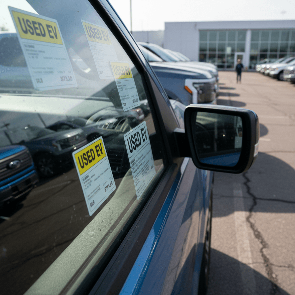 Row of used Ford F-150 Lightning trucks on a dealer lot, highlighting different trims and prices