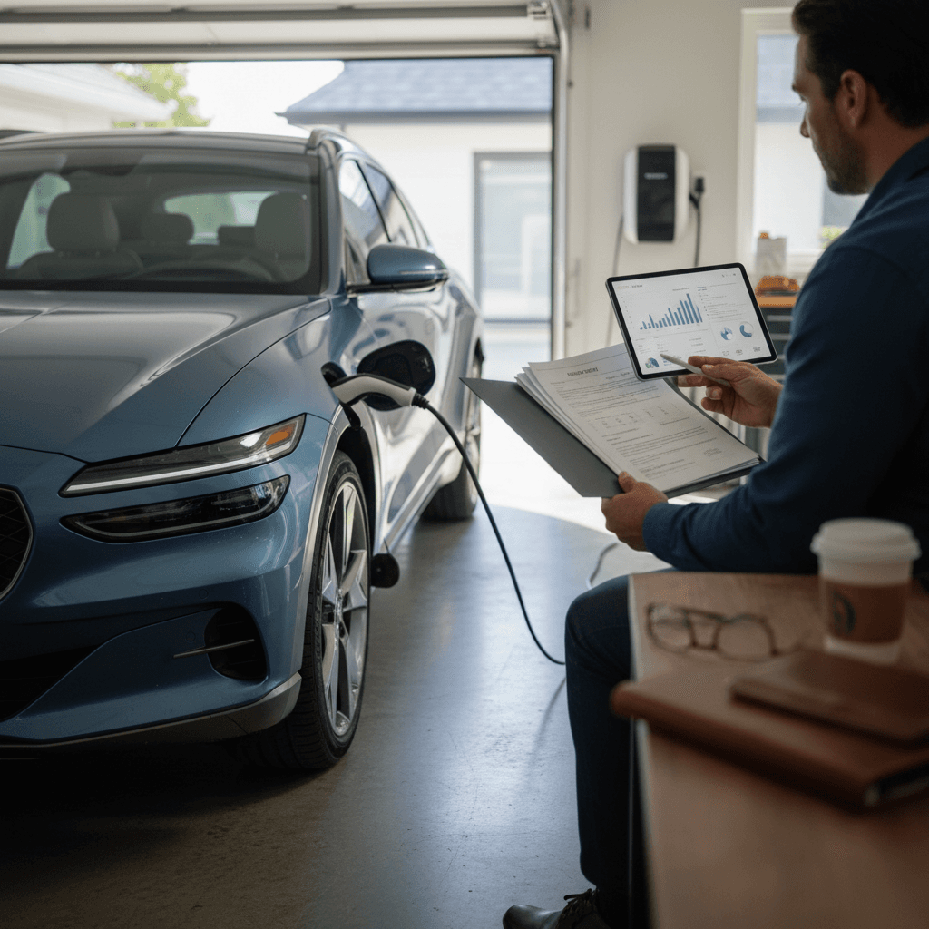 Insurance agent discussing coverage options with a Genesis GV60 owner standing next to their electric SUV