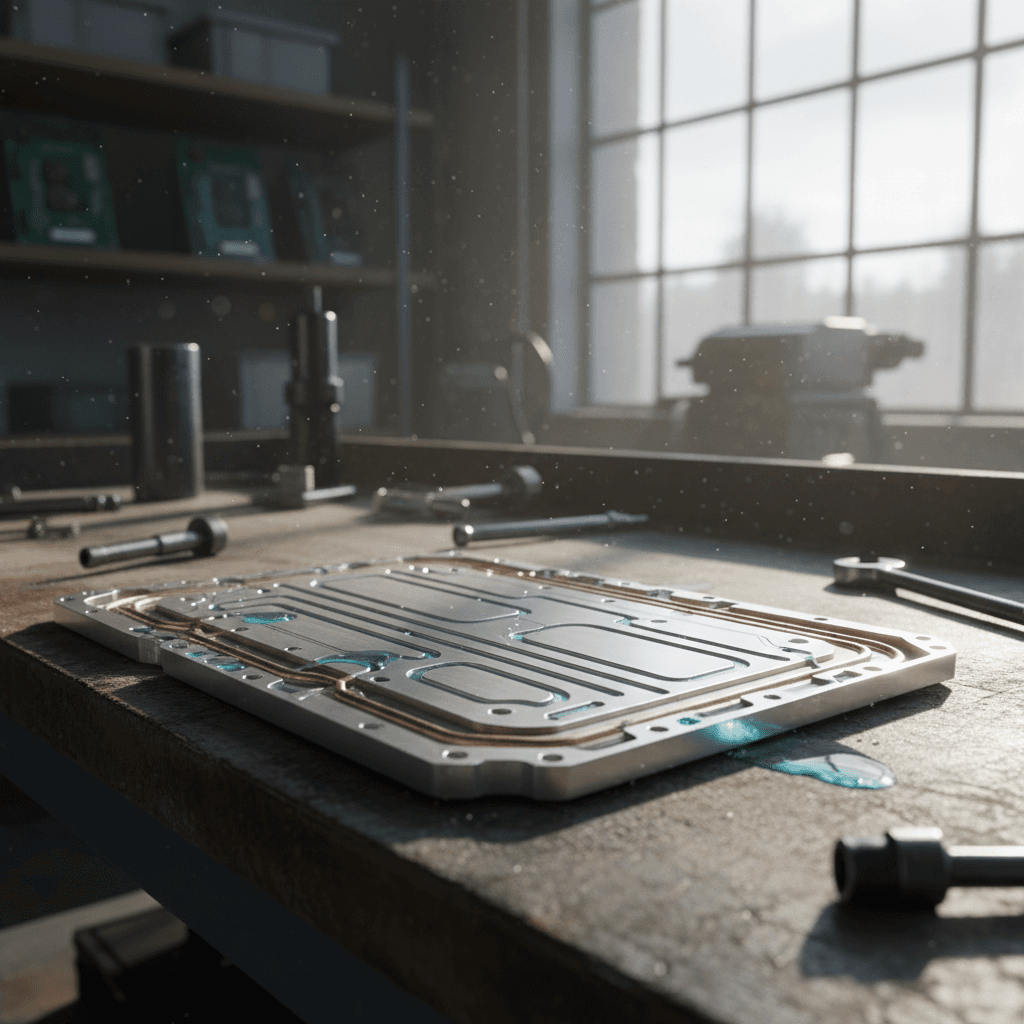 Close-up of an EV battery pack with liquid cooling plates between the cells