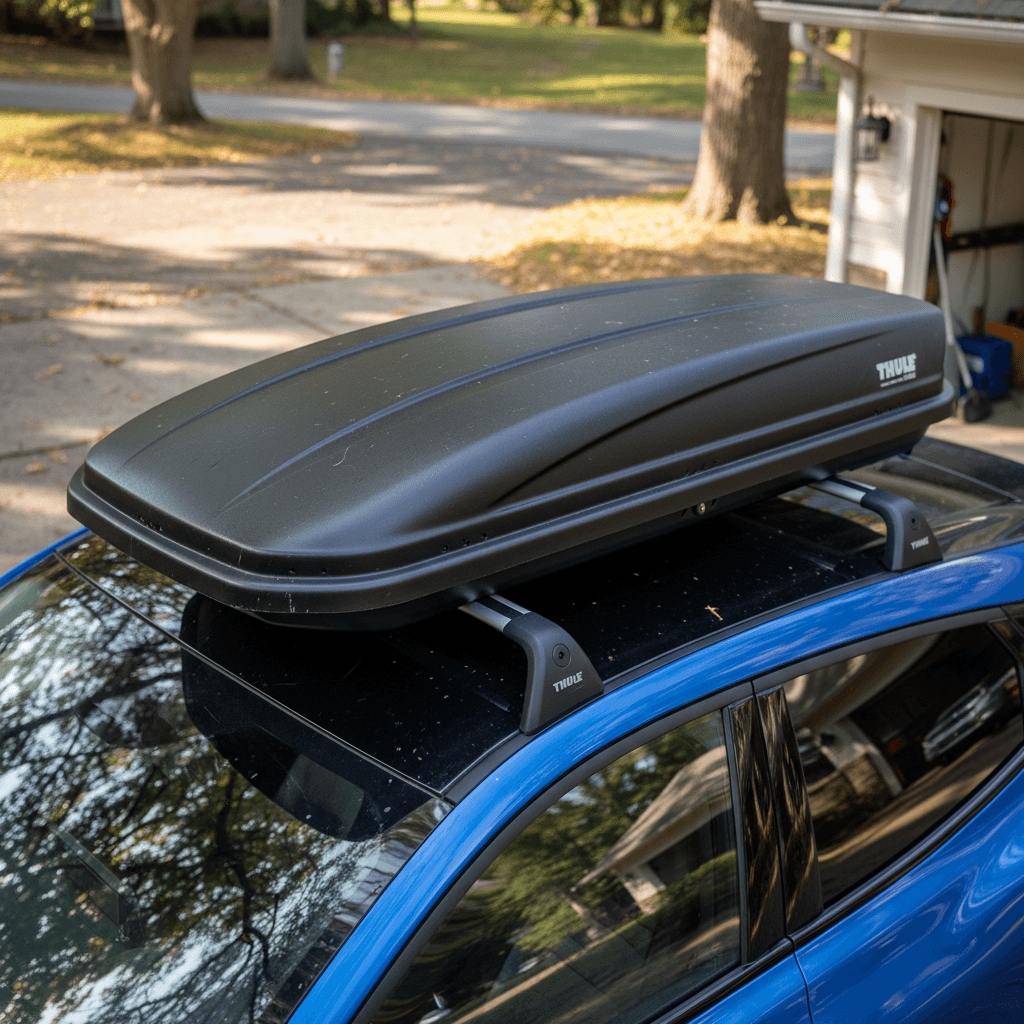 Ford Mustang Mach-E with low-profile crossbars and compact cargo box mounted on the roof in a driveway