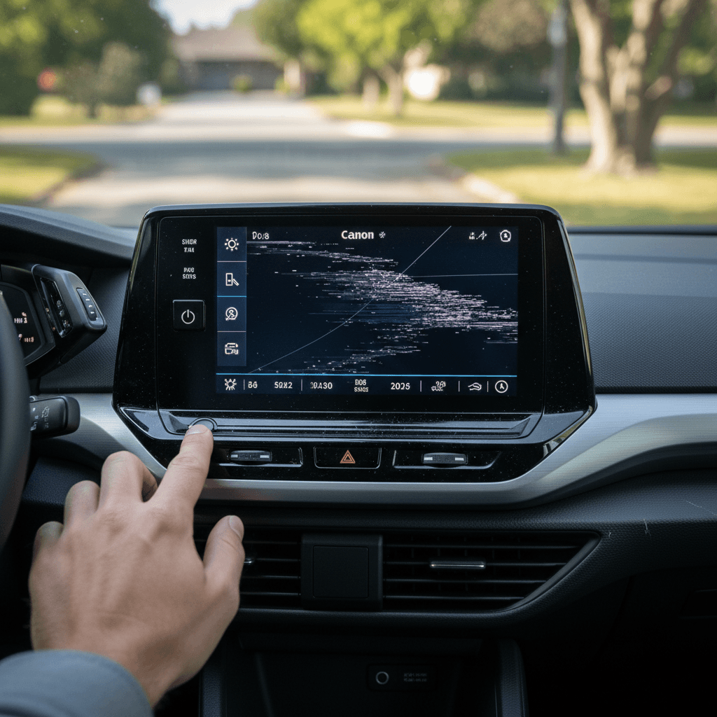 Close-up of a VW ID.4 infotainment screen frozen on a menu while parked, driver preparing to press and hold the power button for a soft reset