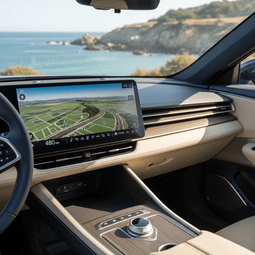 Interior of a 2022 Lucid Air showing digital dashboard, steering wheel, and large display screens