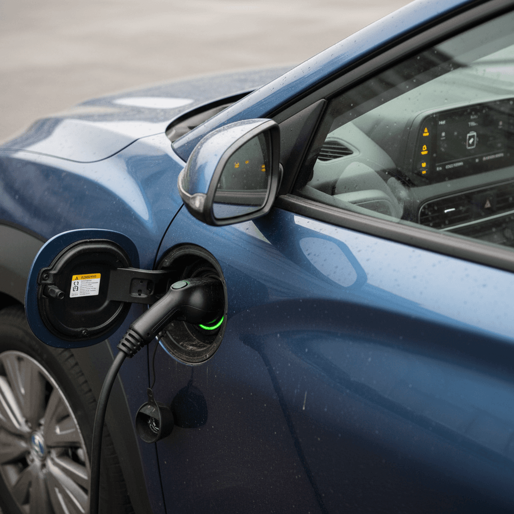 Kia EV6 plugged into a home Level 2 wallbox, showing charging status lights near the port