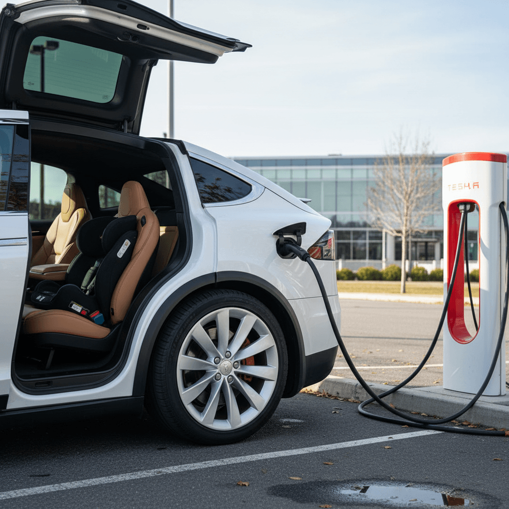 Close-up of a Tesla Model X rear wheel and falcon wing door at a charger