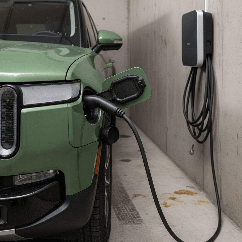 Rivian R1S charging on a home wallbox during daytime