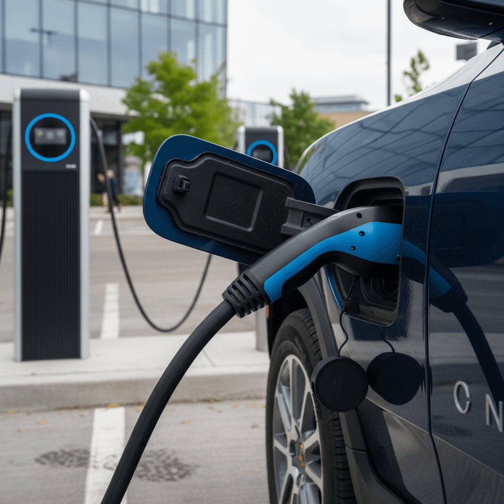 Rivian R1S plugged into a DC fast charger at a modern station, highlighting its used EV appeal