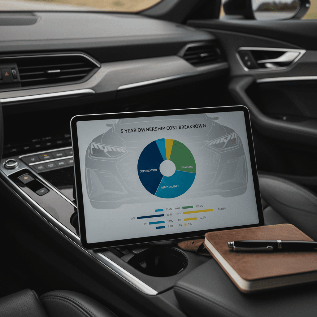 Infographic-style dashboard breaking down 5 year ownership cost categories for a luxury Audi e-tron GT EV.