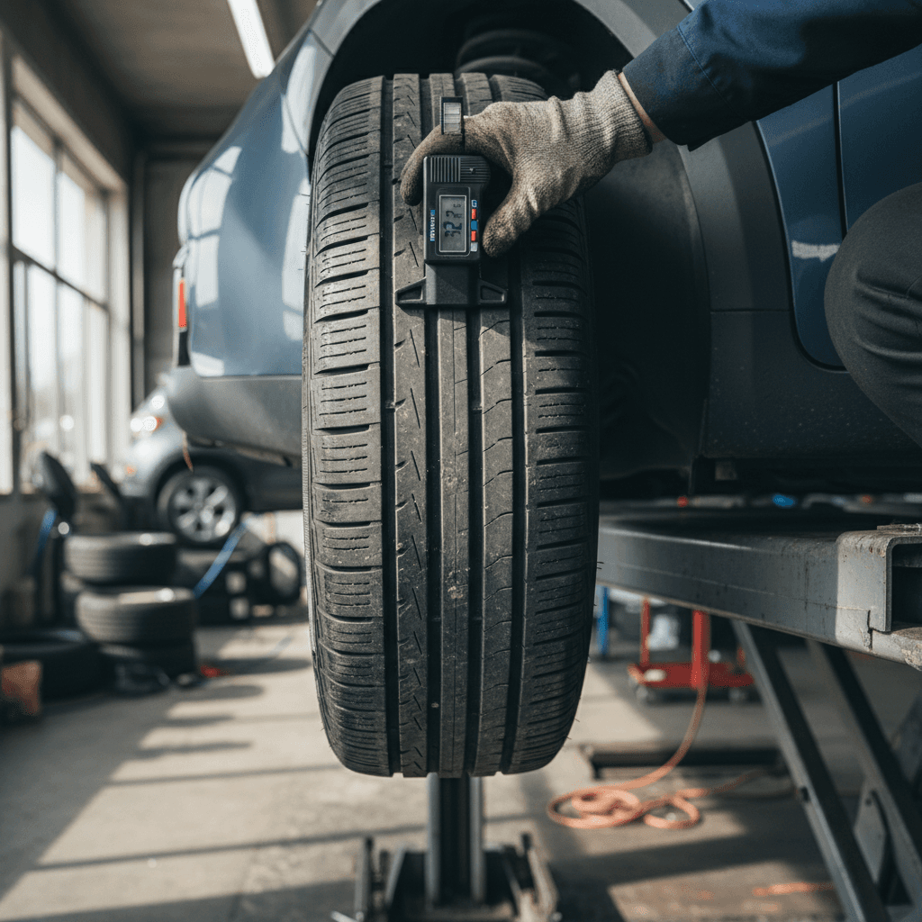 Kia Niro EV on a lift in a tire shop while a technician checks tread wear on the front tire