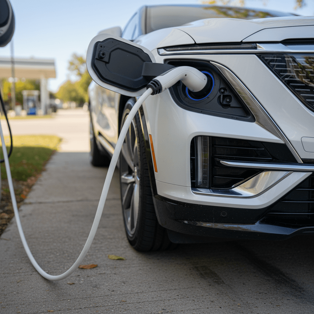 Cadillac Lyriq plugged into a home Level 2 charger in a residential driveway, illustrating lower electricity costs versus gasoline