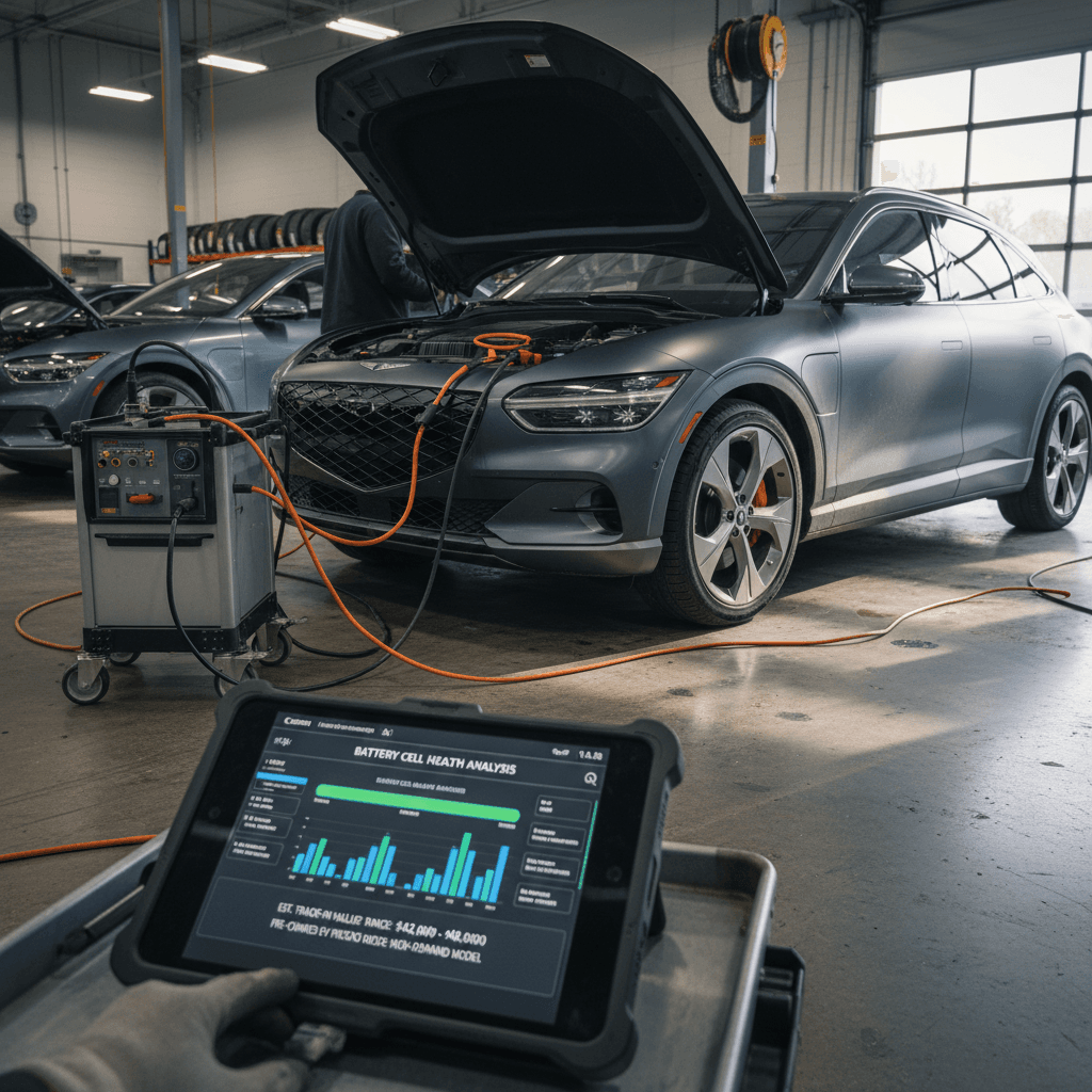 Technician using specialized diagnostic equipment to check battery health on a 2024 Genesis GV60 in a service bay