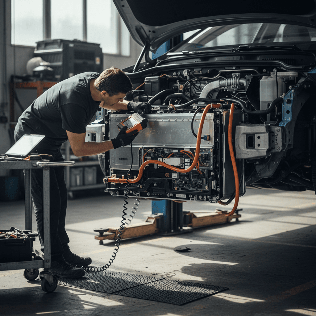 Mechanic inspecting the high-voltage battery area of an electric car in a service bay