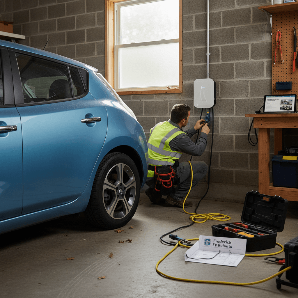 Electrician installing a Level 2 home charger in a Frederick, Maryland garage for a used electric car