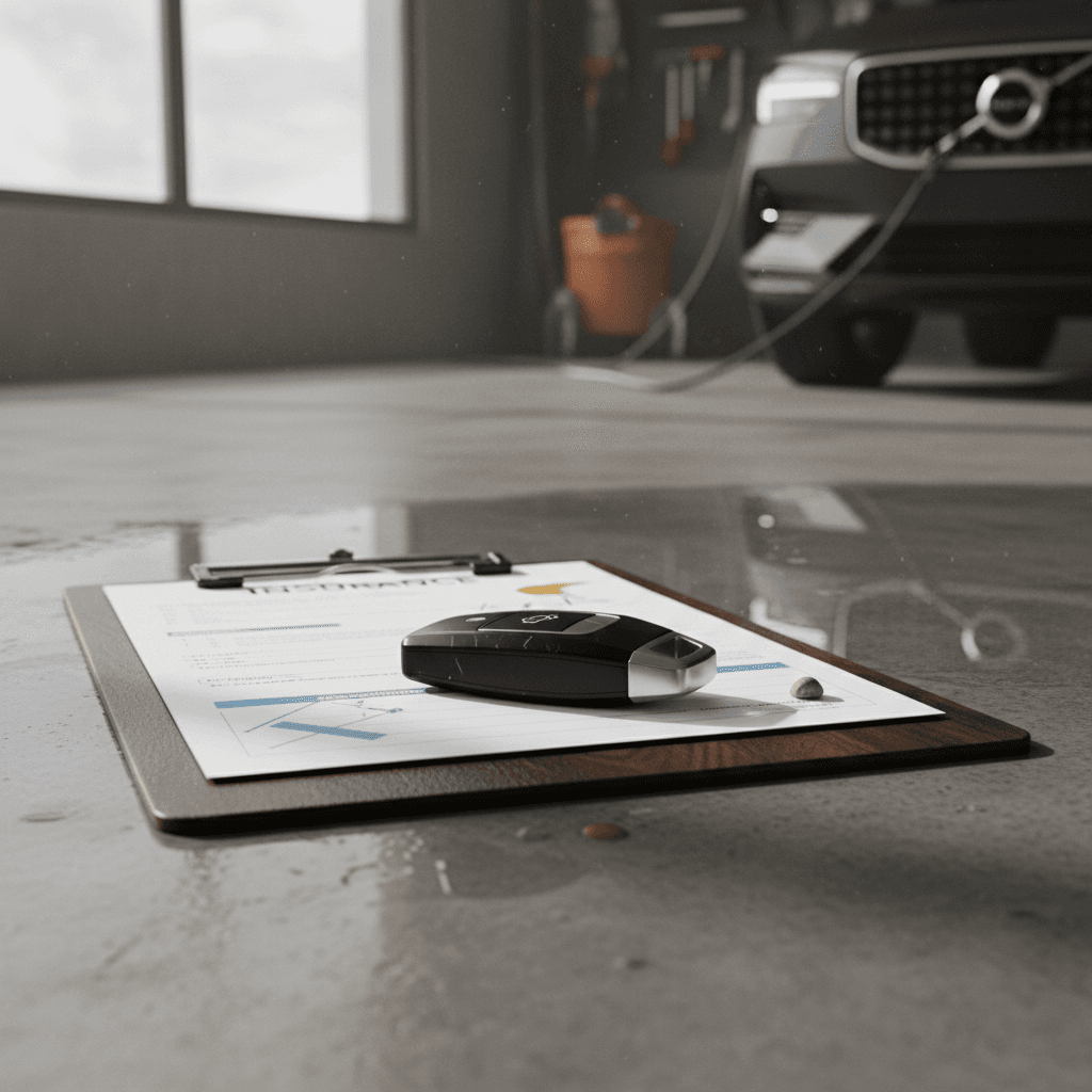 Insurance documents and a key fob for a modern electric SUV laid out on a desk, representing planning total cost of ownership for a Volvo EX90
