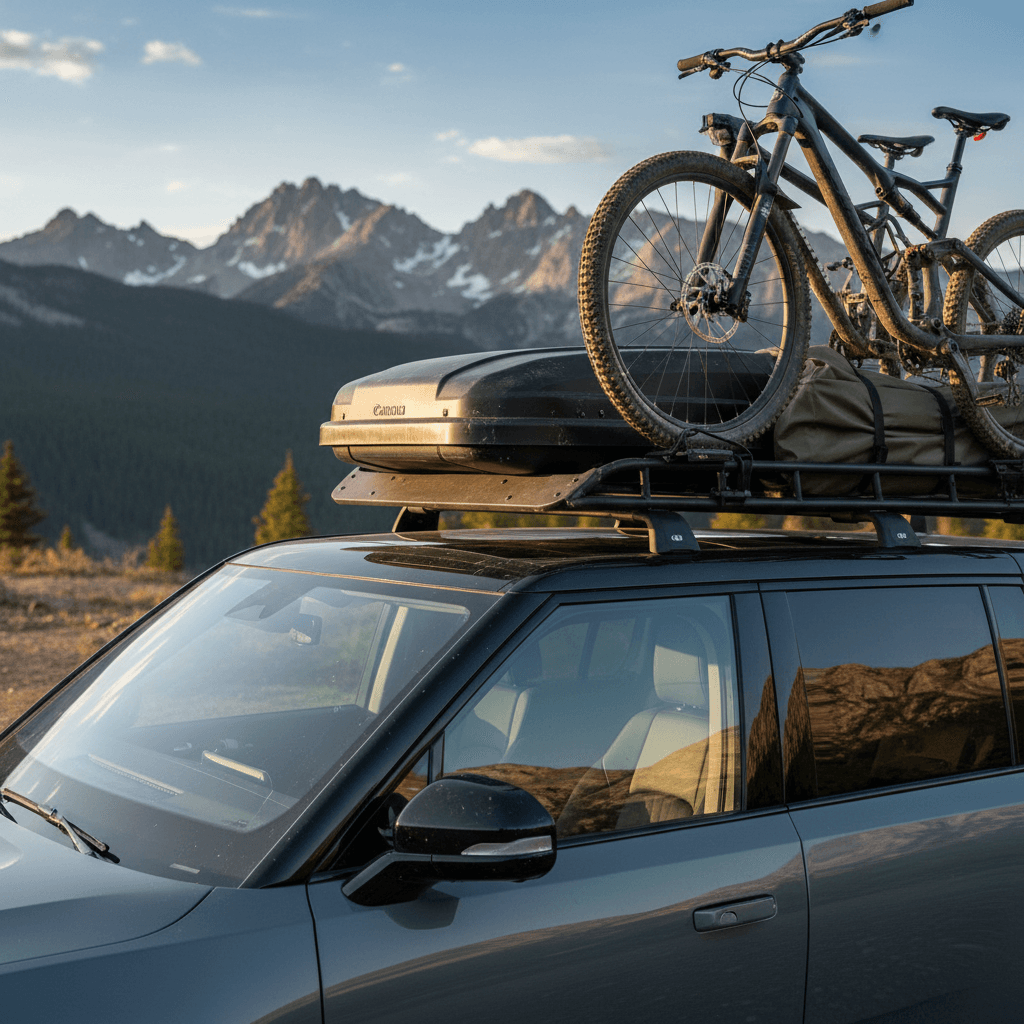 Rivian R1S roof rack with loaded crossbars including bikes and cargo box in the mountains