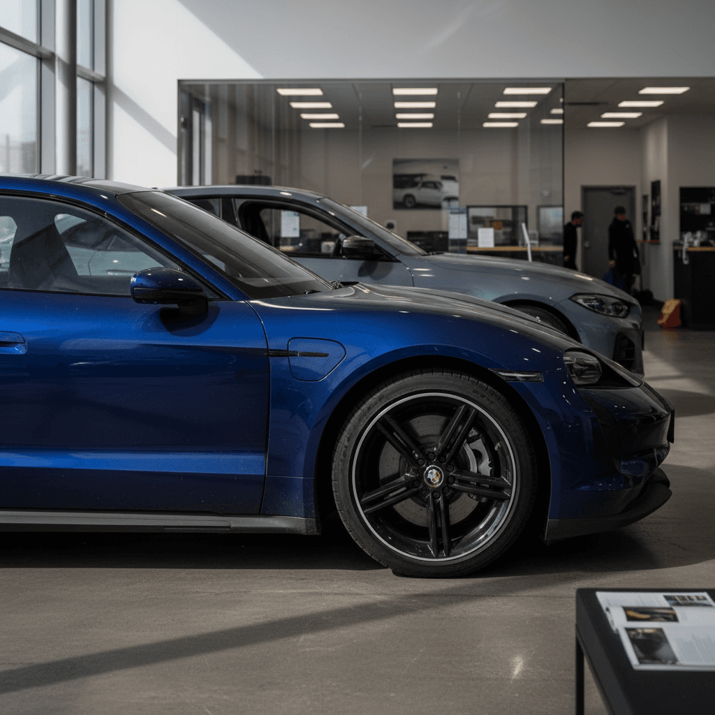 Used Porsche Taycan and BMW i4 parked at a dealership, highlighting their styling differences for shoppers comparing used EVs.