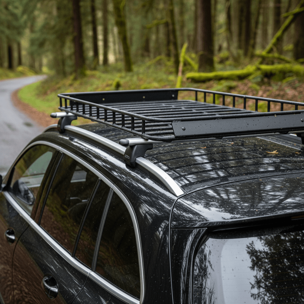 Mercedes EQB roof rails with aftermarket crossbars installed and no cargo, illustrating where weight is concentrated