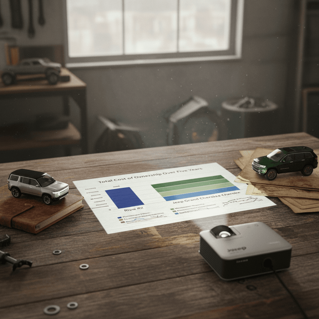Side-by-side bar chart comparing five-year fuel and maintenance costs for the Rivian R1S and Jeep Grand Cherokee