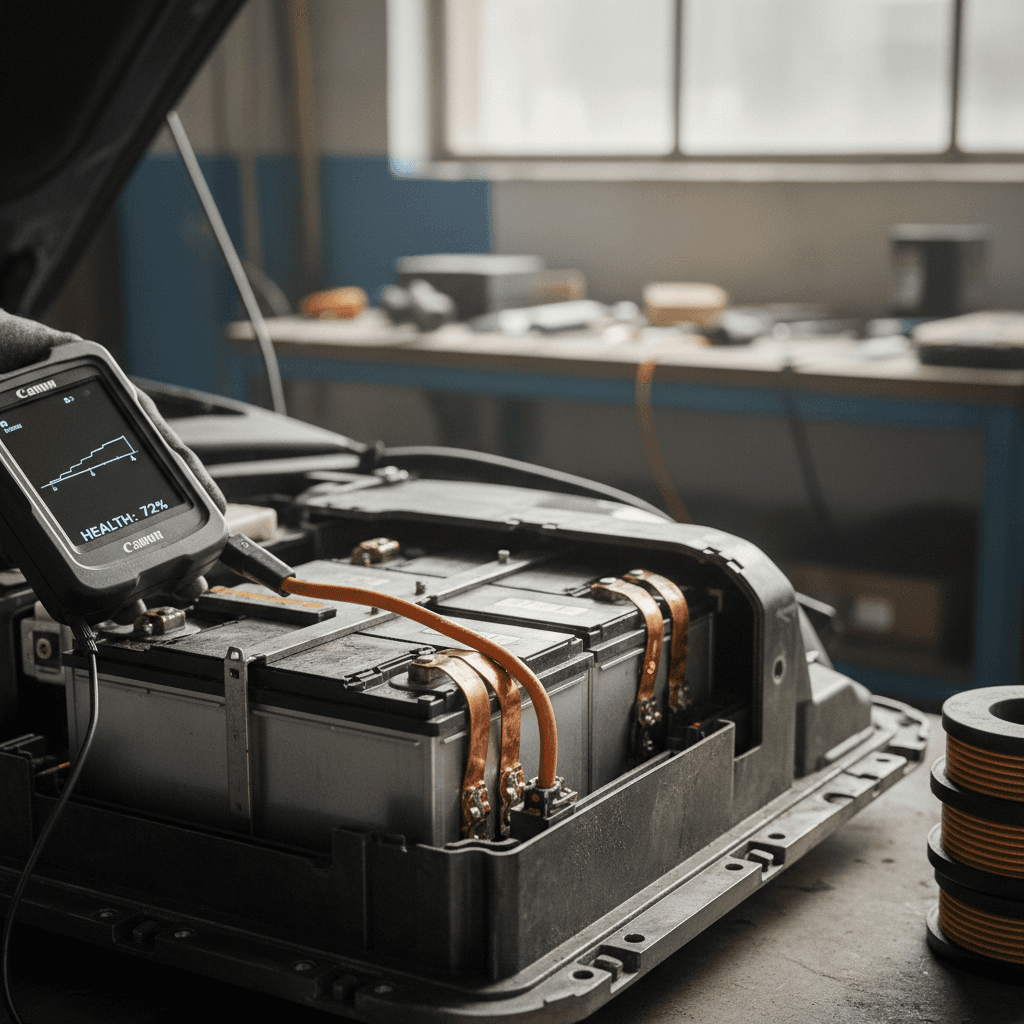 Hybrid car engine bay showing orange high-voltage cables and components