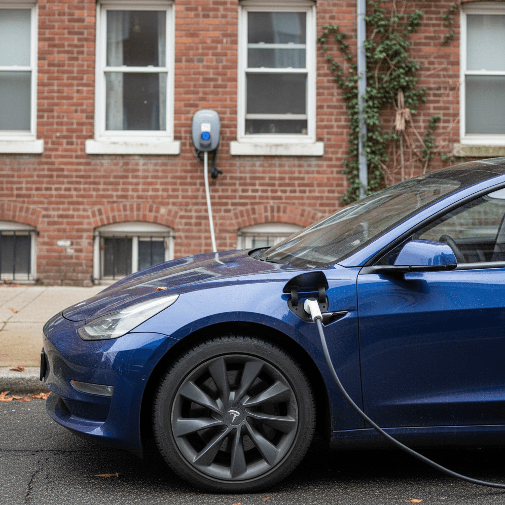 Used Tesla Model 3 charging at a curbside Level 2 station in a city neighborhood