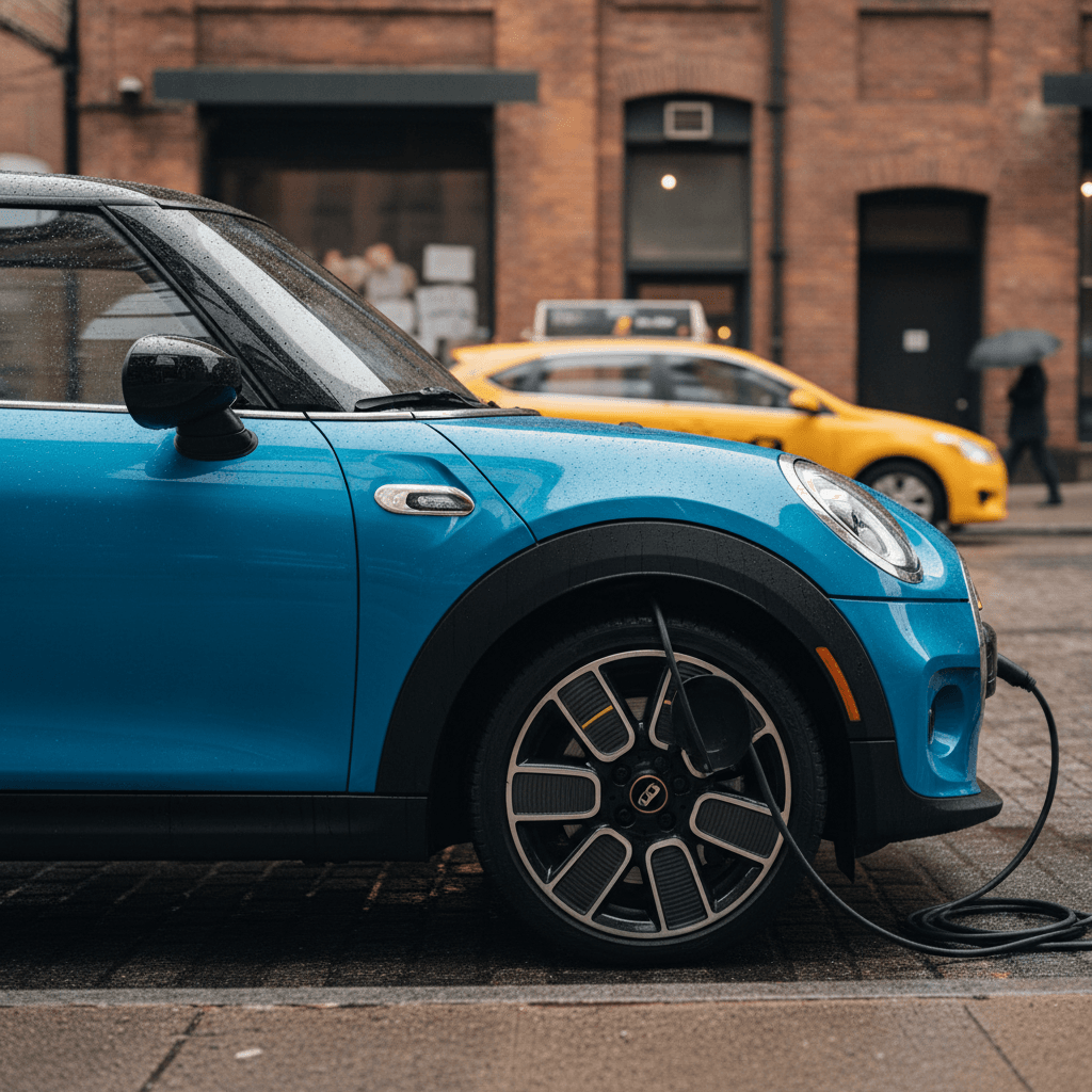 Electric Mini Cooper parked on an urban street with city buildings in the background