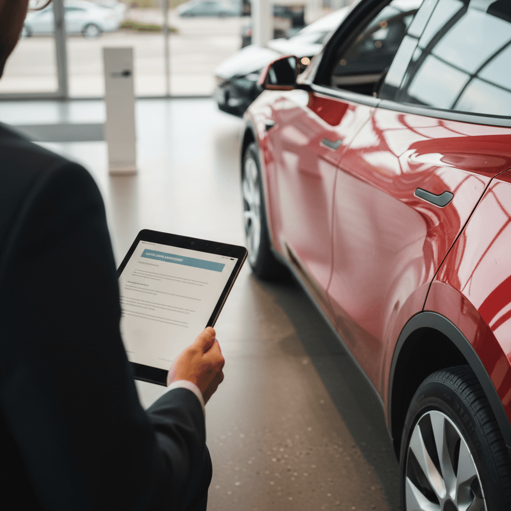 Customer reviewing used Tesla Model Y loan options on a tablet at an EV-focused dealership