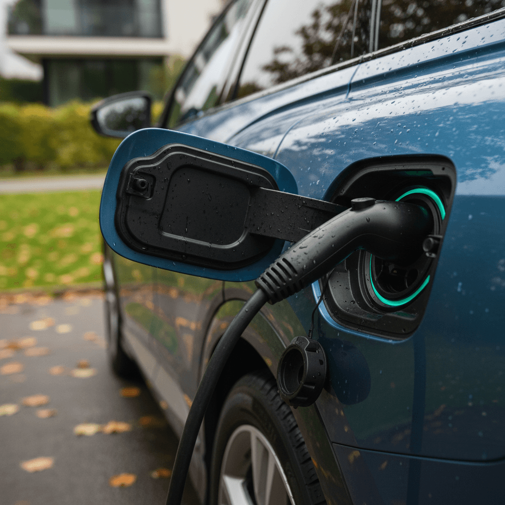 Close-up of an Audi Q4 e-tron plugged into a charger, highlighting the high-voltage battery connection at the charge port.