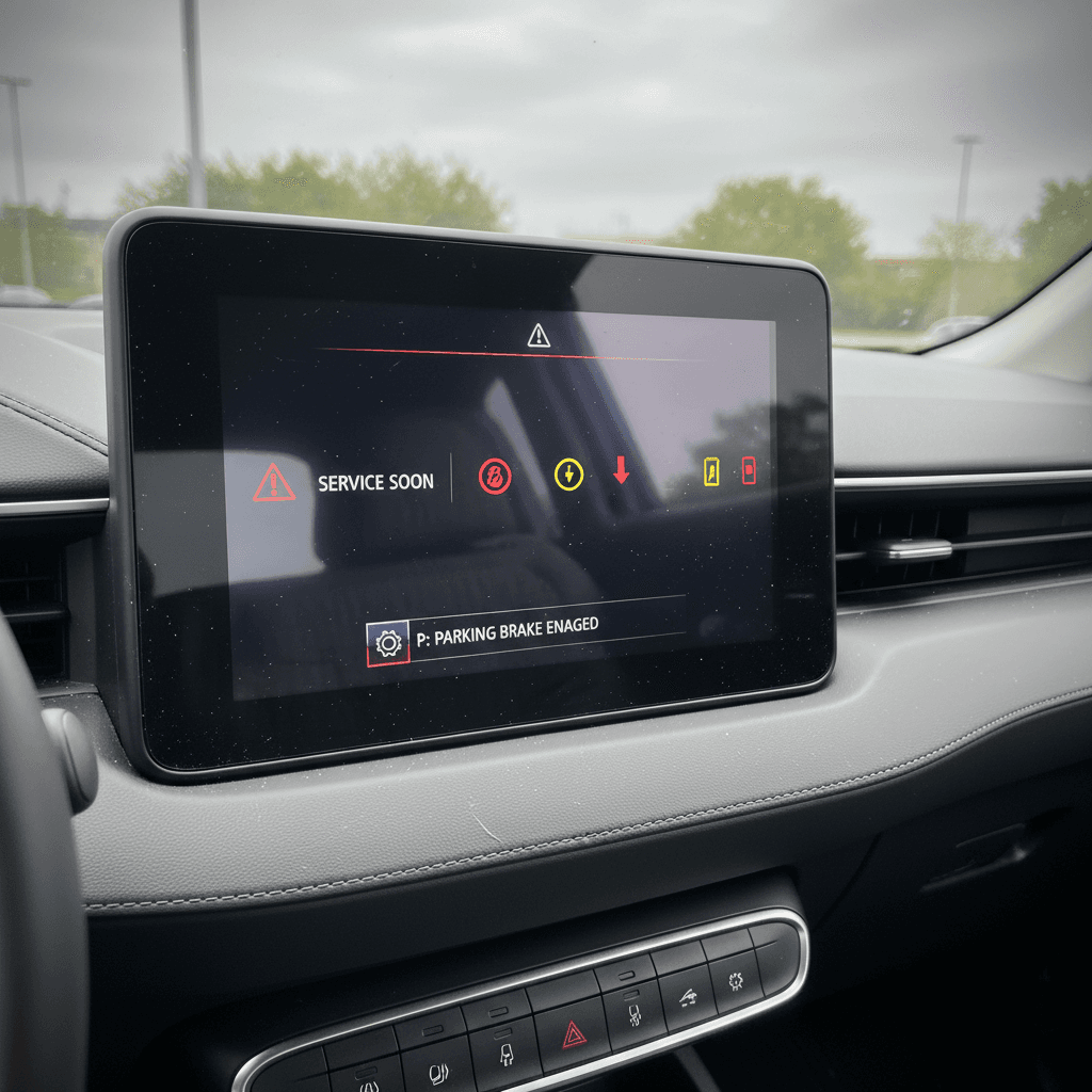 Ford Mustang Mach-E digital cluster displaying warning indicators and driver-assist status