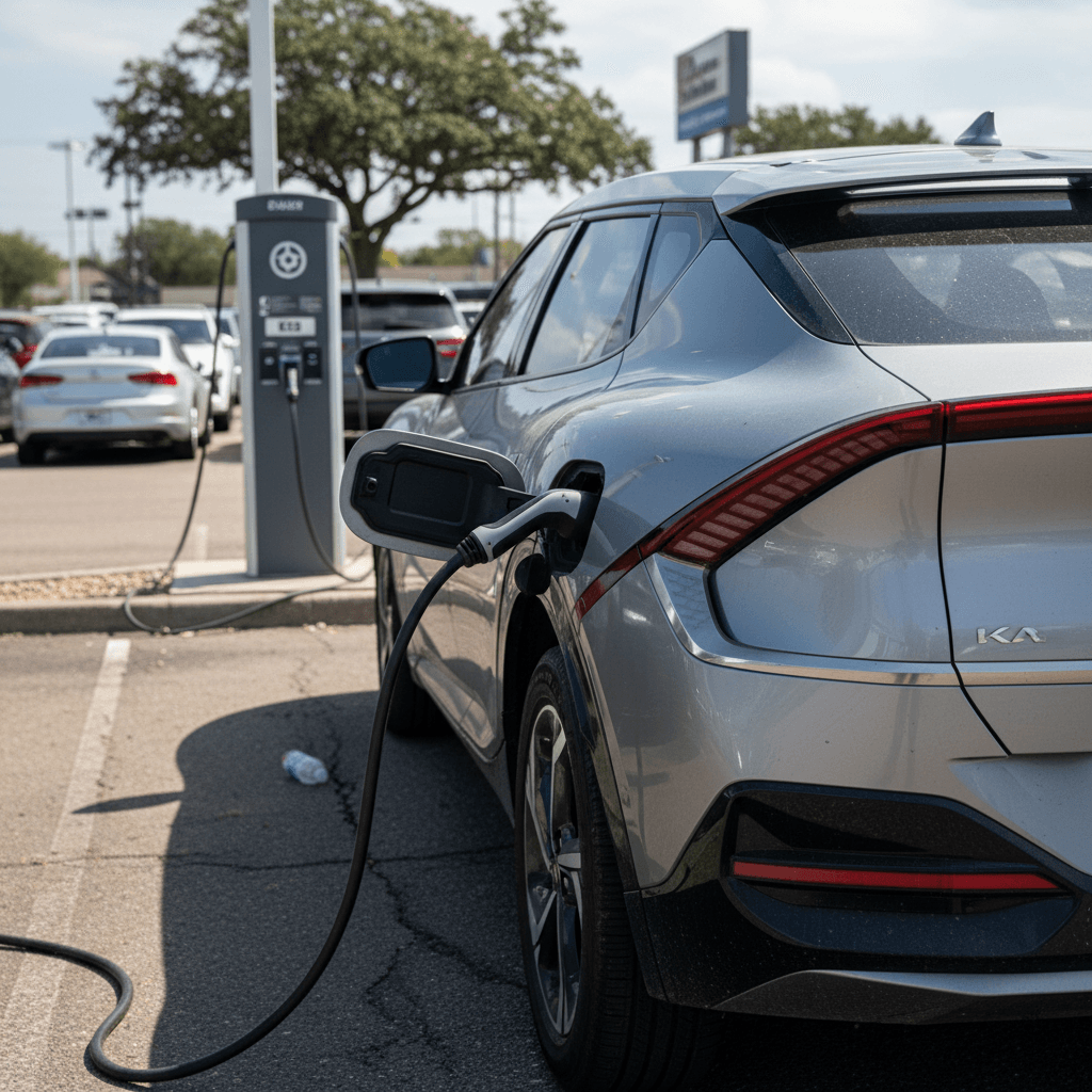 Used 2023 Kia EV6 parked at dealership with charge port open, highlighting condition for resale