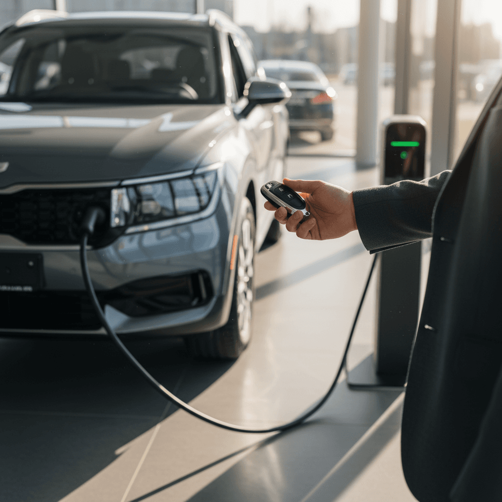 Seller reviewing a battery health report and valuation for a used Kia EV9 plugged into a home charger