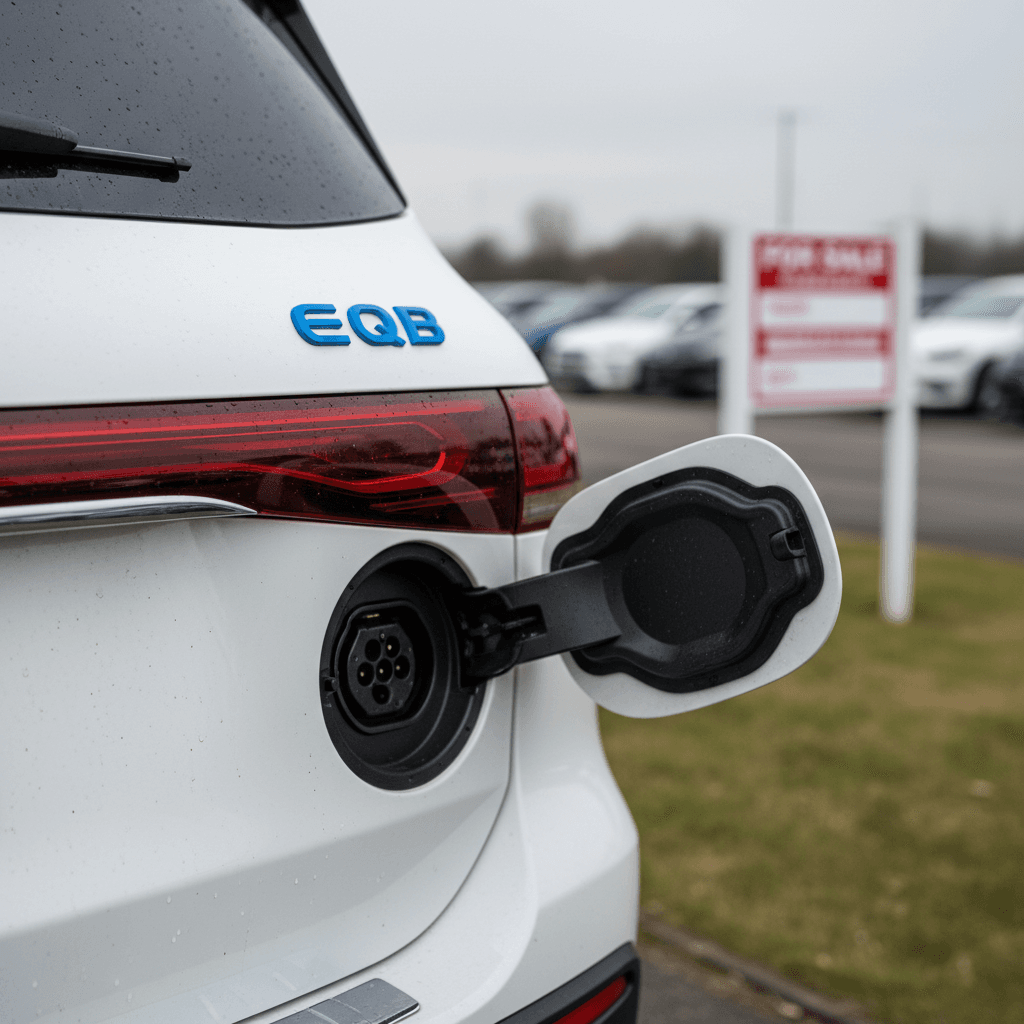 Close-up of a Mercedes EQB charging port and EQB badge, representing the moment an owner gets ready to sell the EV.