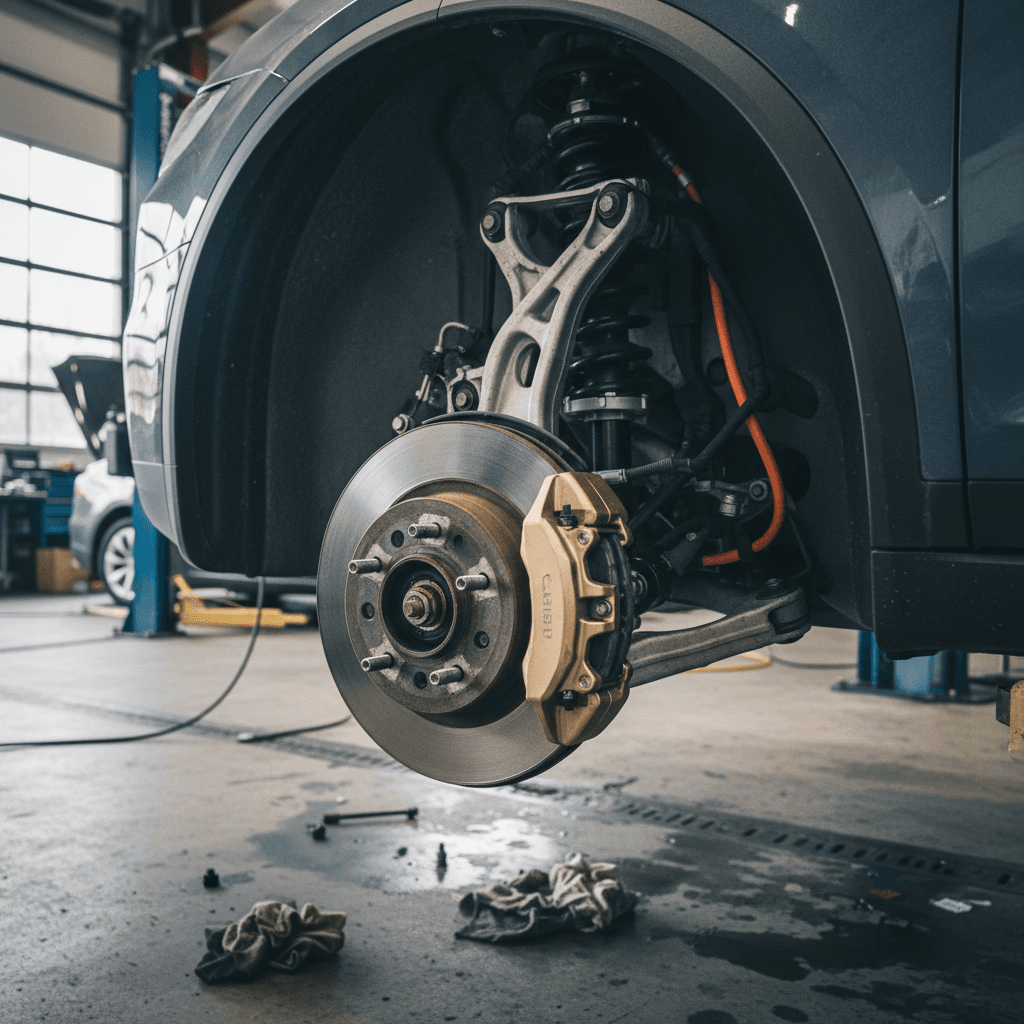 Tesla Model X on a lift with front wheel removed and suspension components exposed