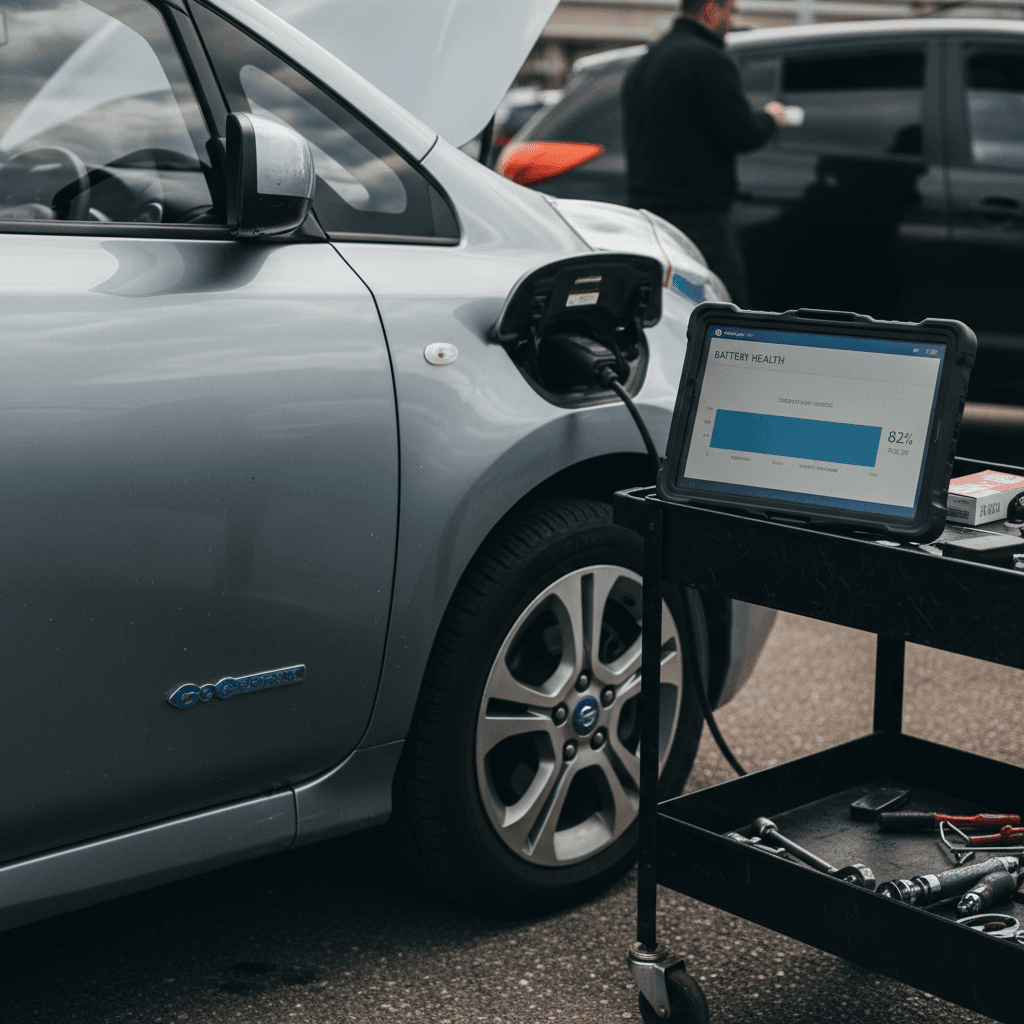 Customer and EV specialist inspecting a compact used electric car with a digital battery health report on a tablet