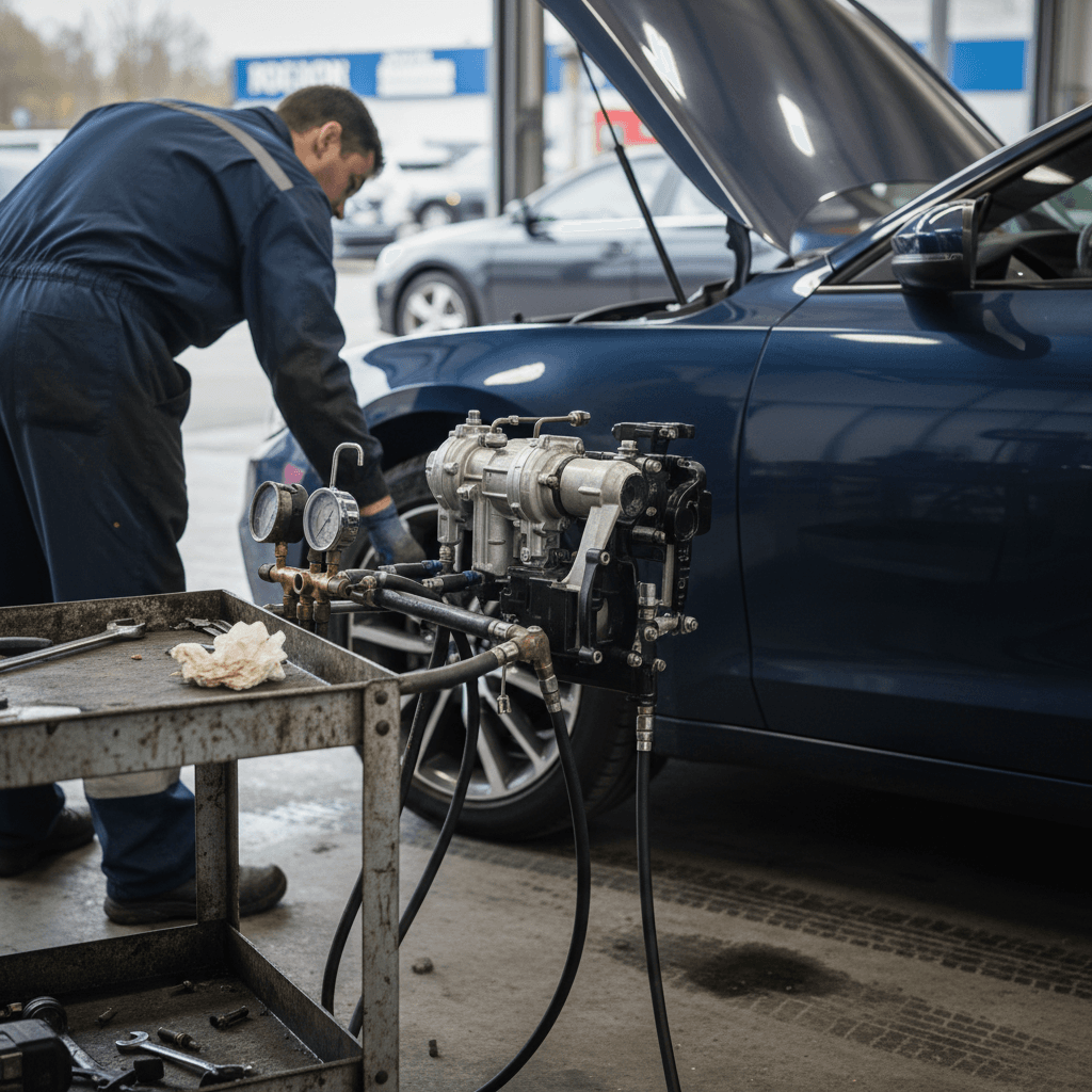 Mechanic servicing a vehicle’s air conditioning system under the hood in a repair shop