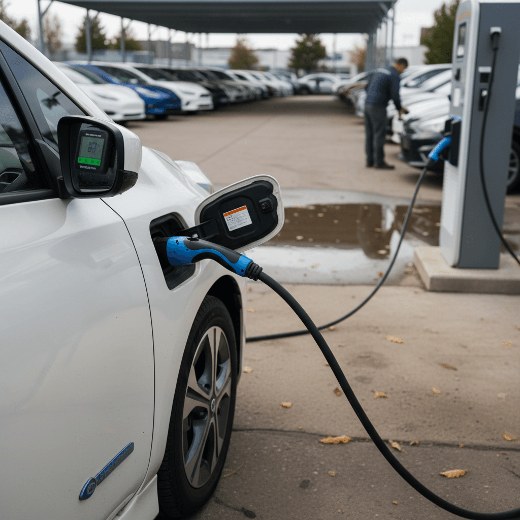 Young couple reviewing paperwork while buying a used compact car at a dealership