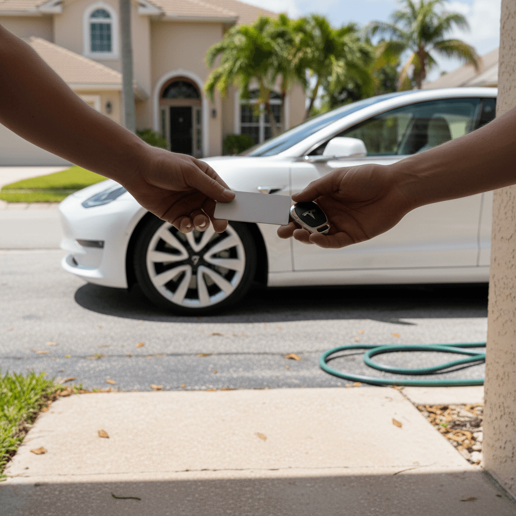 Seller and buyer signing Florida title and sale paperwork for a Tesla Model 3