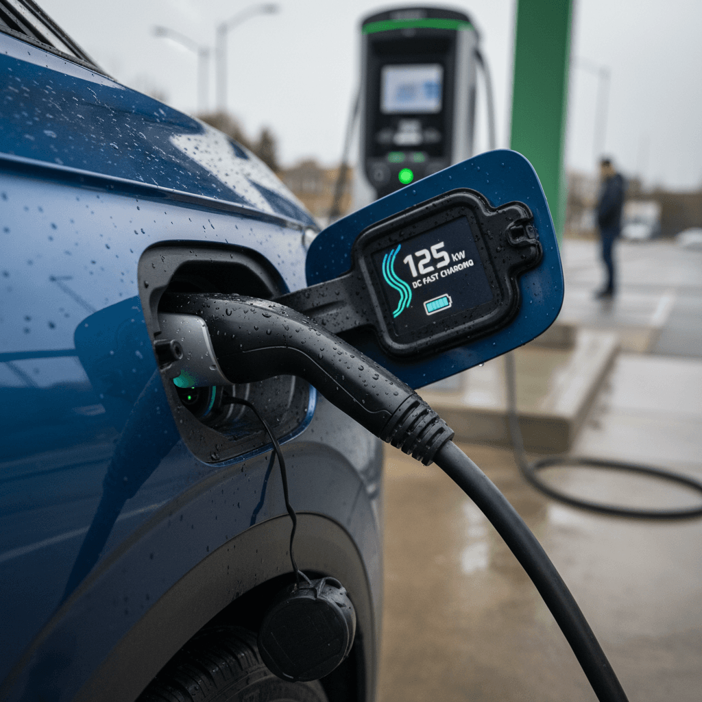 Volkswagen ID.4 connected to a CCS DC fast charger with the charger display showing current power in kilowatts