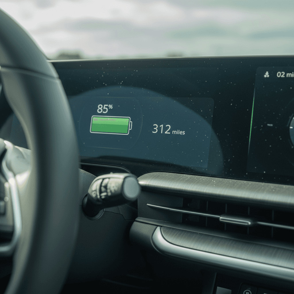 Lucid Air interior screen displaying remaining battery range and energy information, highlighting battery health for used buyers
