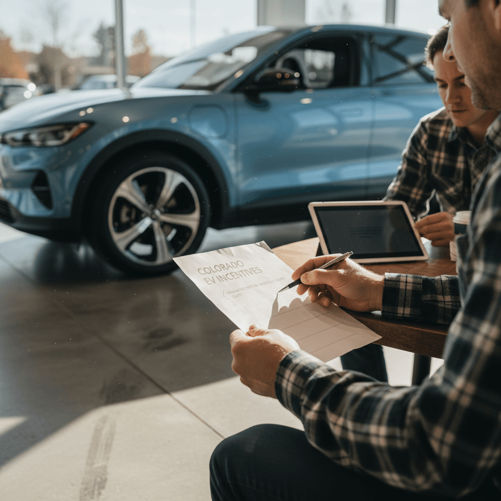 Colorado car buyer reviewing 2026 EV incentive and rebate options with a salesperson at a dealership desk