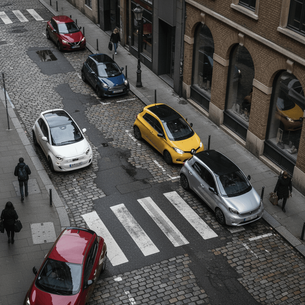 Several small electric cars maneuvering through a grid of narrow city streets and parking spots