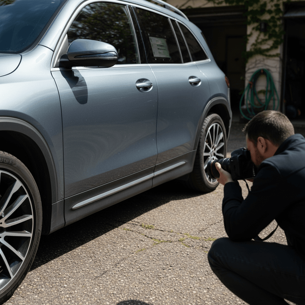 Owner photographing a clean Mercedes EQB from multiple angles in a driveway before creating an online listing
