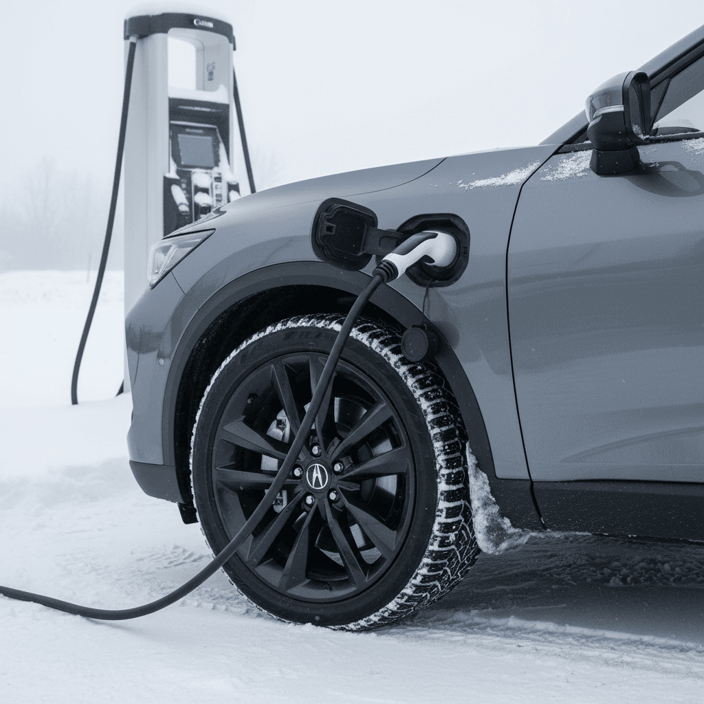 Acura ZDX plugged into a public fast charger with snow on the ground, illustrating winter EV charging