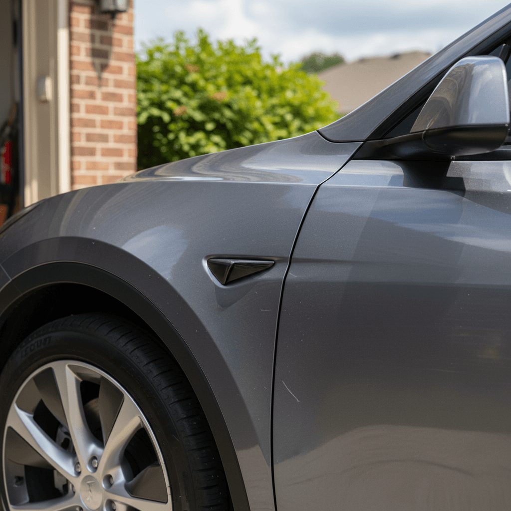 Closeup of a 2021 Tesla Model Y showing uneven panel gaps and trim alignment issues.