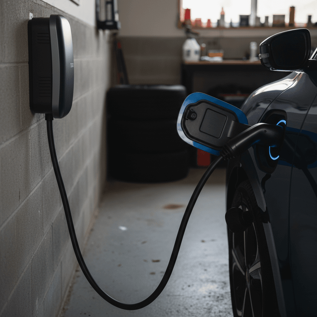 Level 2 wall-mounted EV charger plugged into a Kia EV6 charge port in a home garage