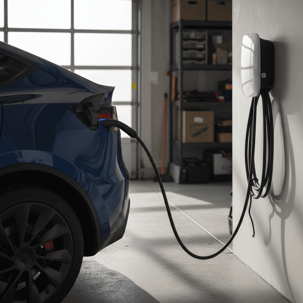 Tesla Model Y plugged into a home wallbox charger in a residential garage